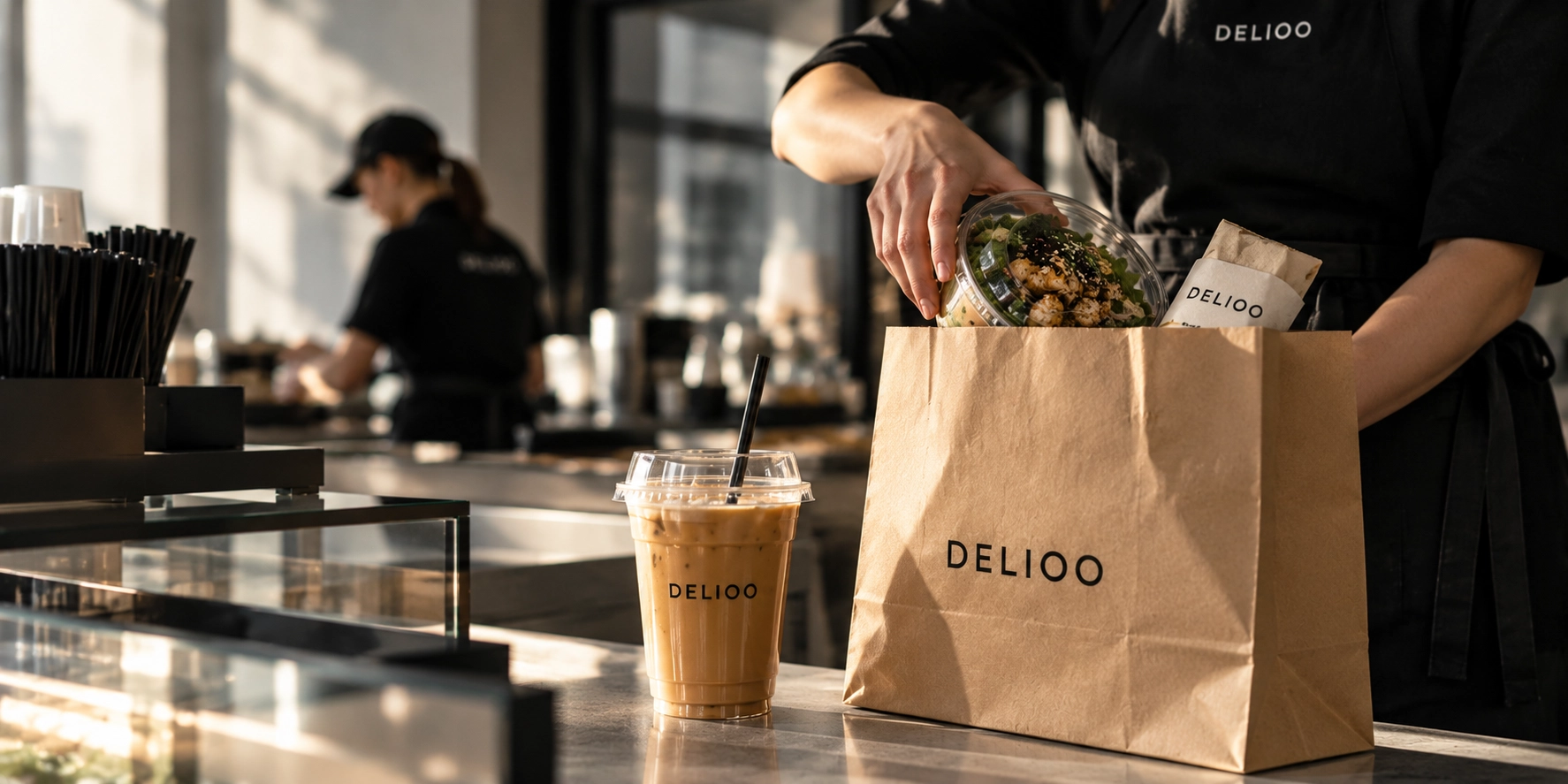 Delioo-työntekijä pakkaa ruokaa