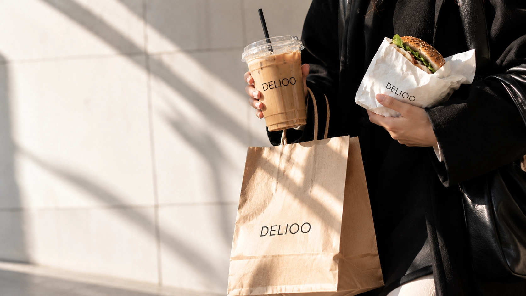 Delioo-kahvihetki: jääkahvi, bagel ja Delioo-kassi